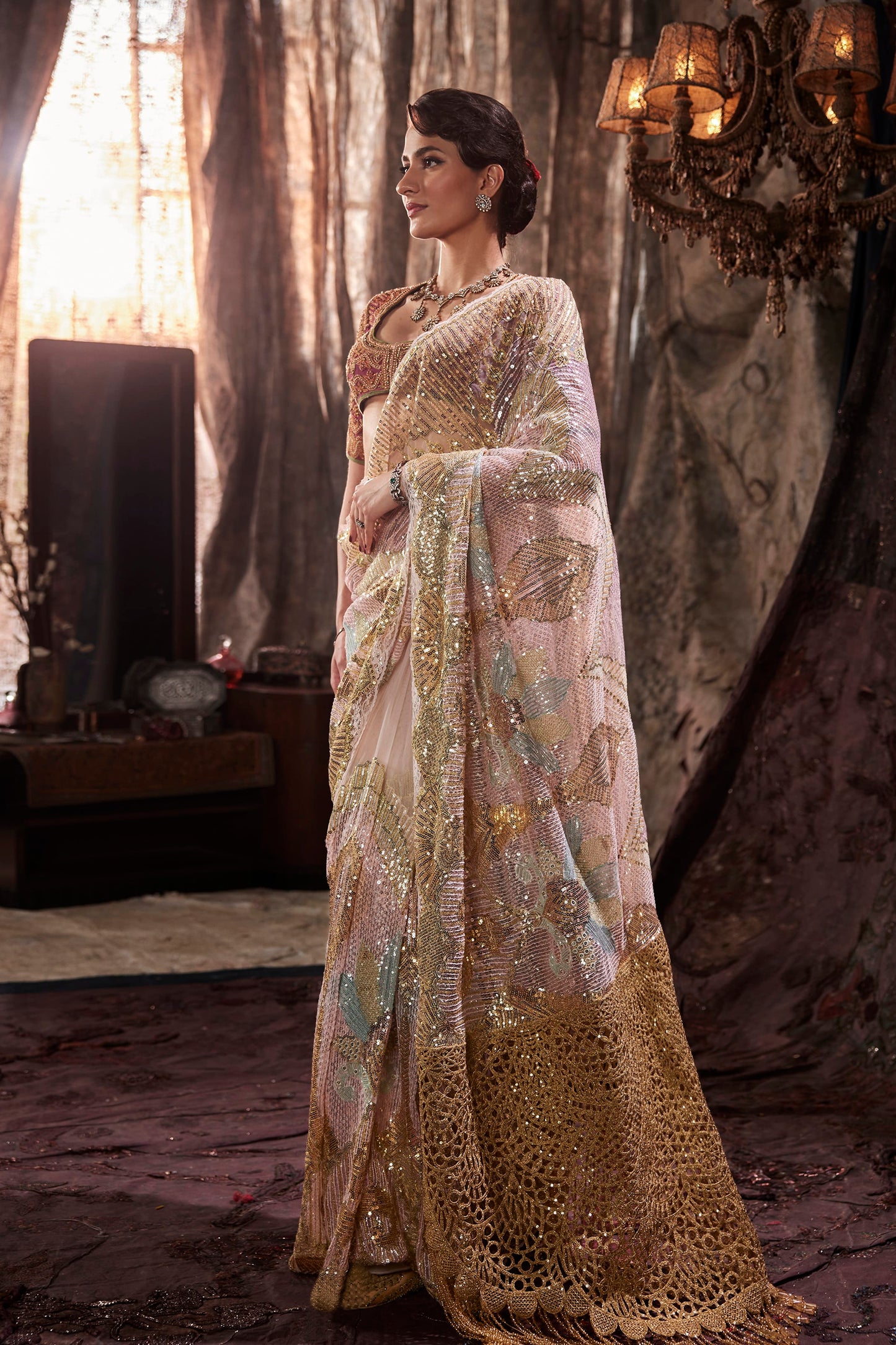 Pale Frosted Pink Tulle Saree