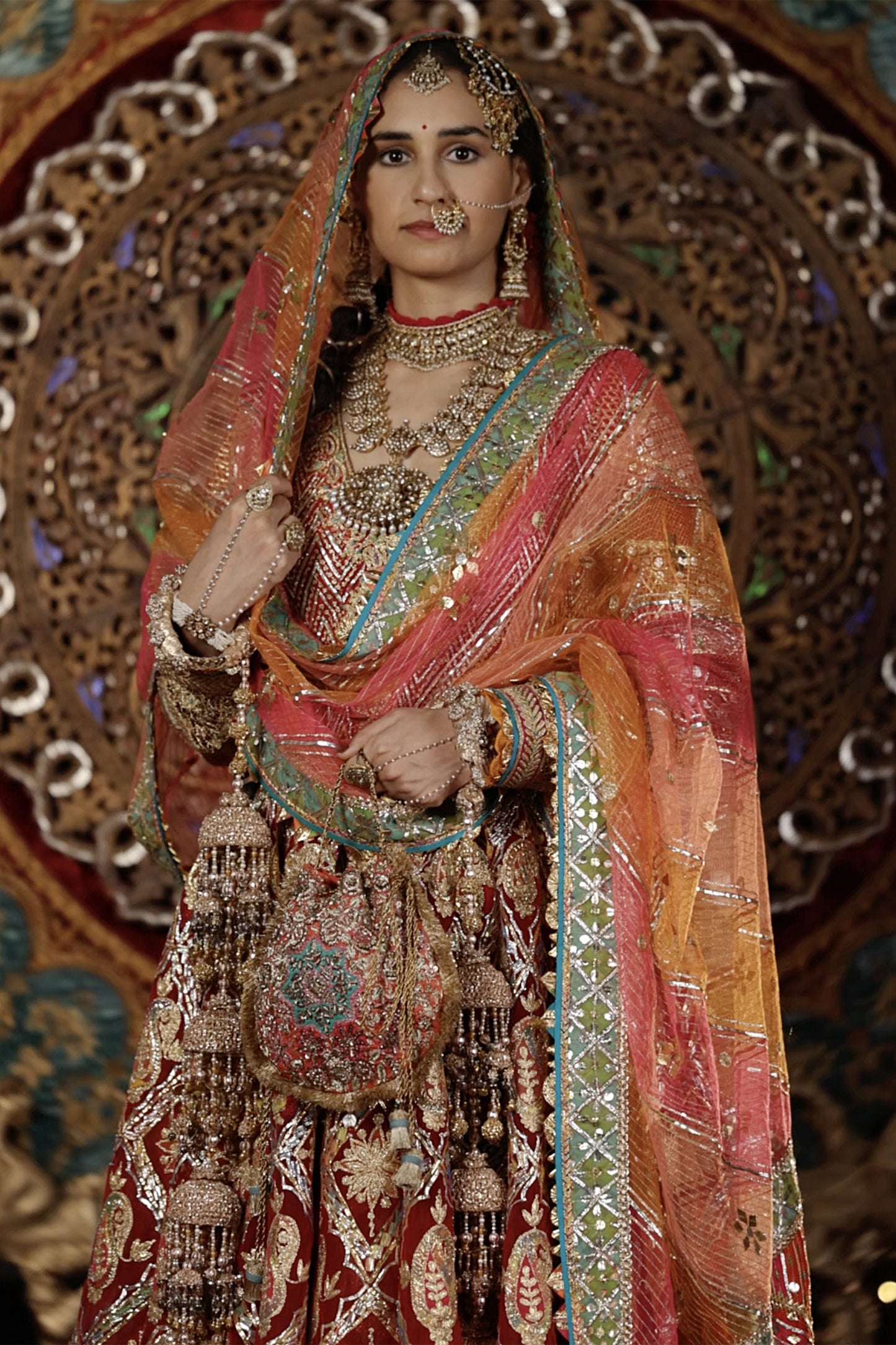 Deep Red and Gold Gota Kalidar Set