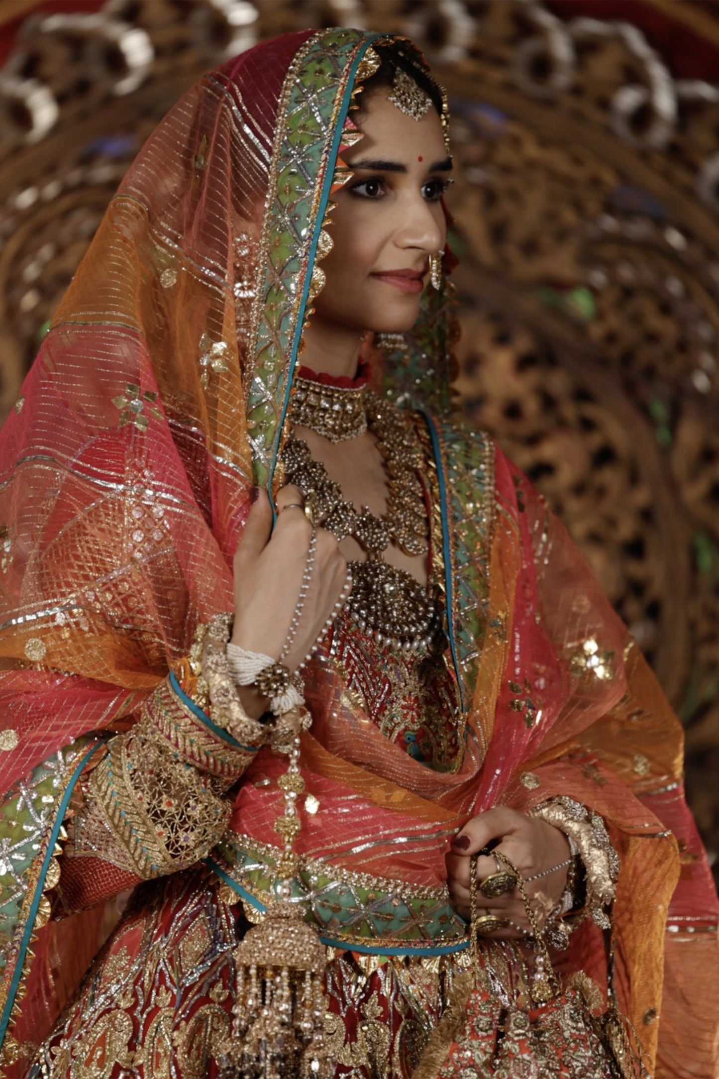 Deep Red and Gold Gota Kalidar Set