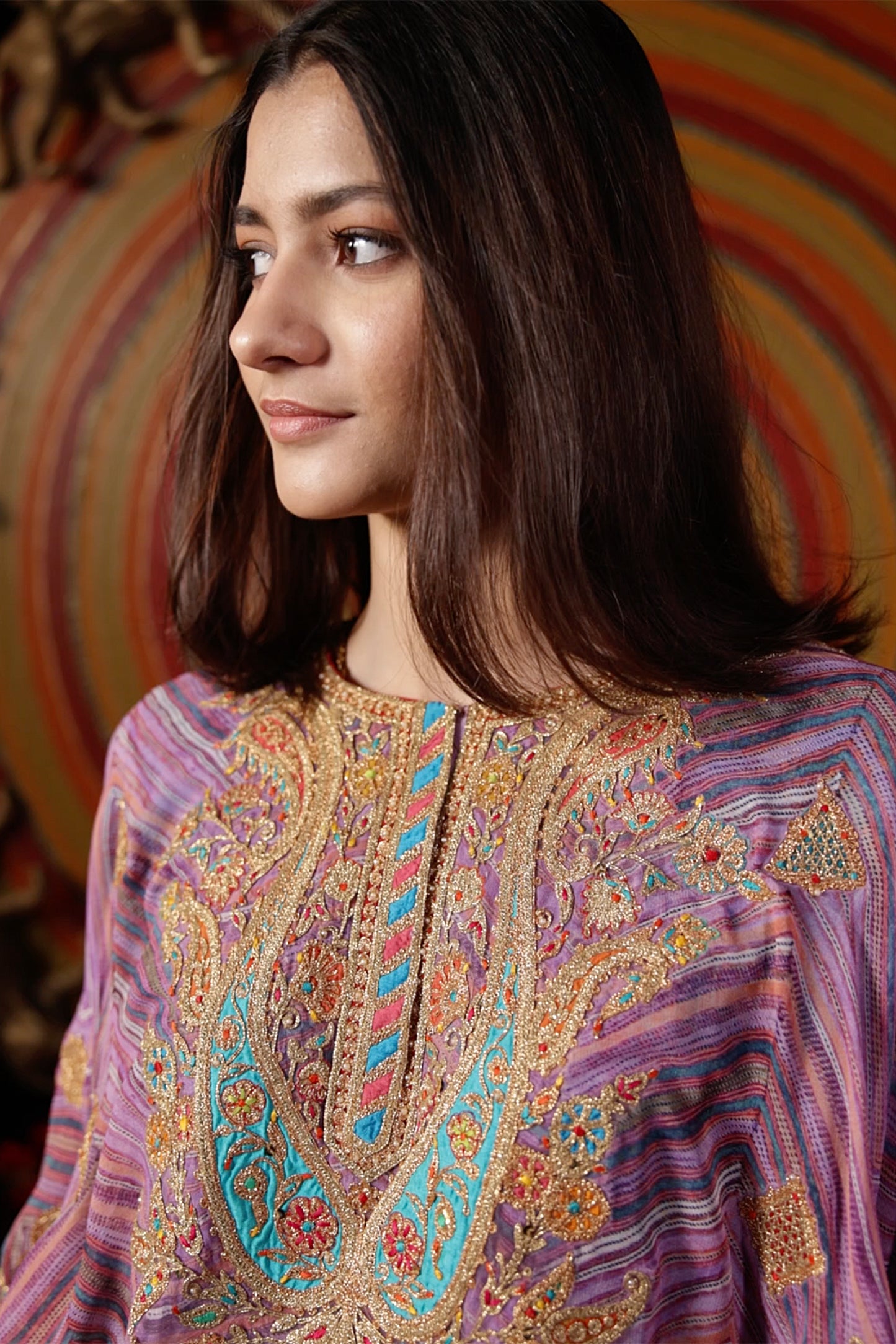 Lilac & Turquoise Bandhej Capelet-Kurti