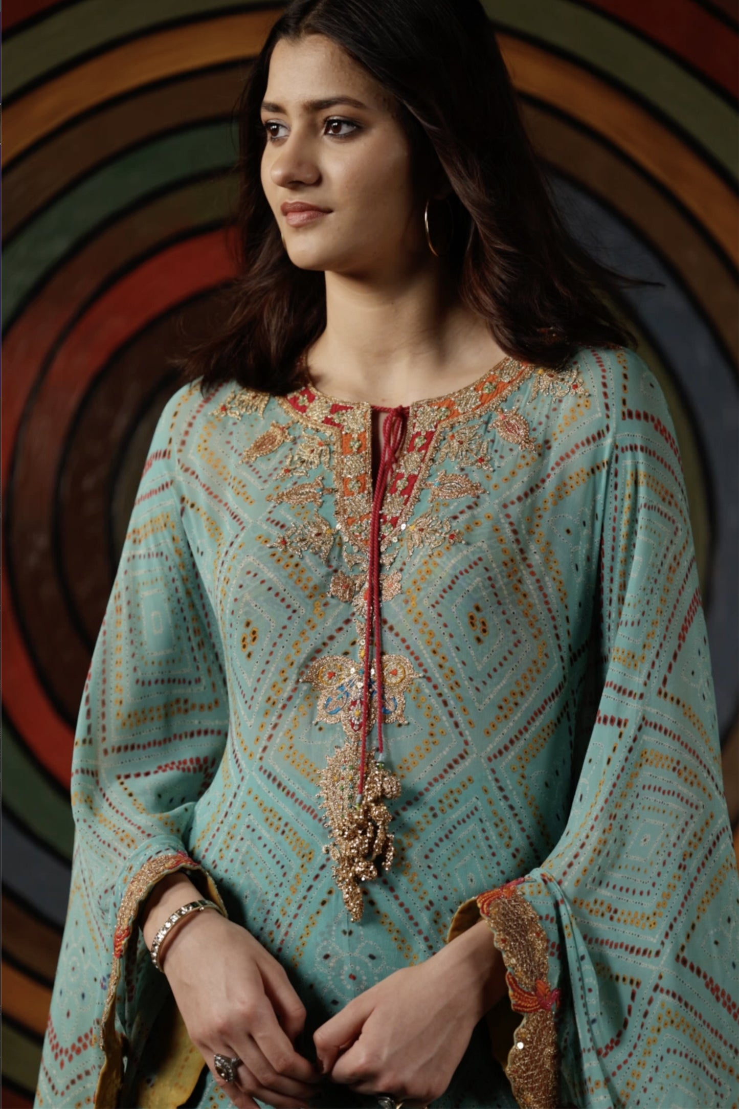 Light Turqouise Bandhej Kaftan & Gharara