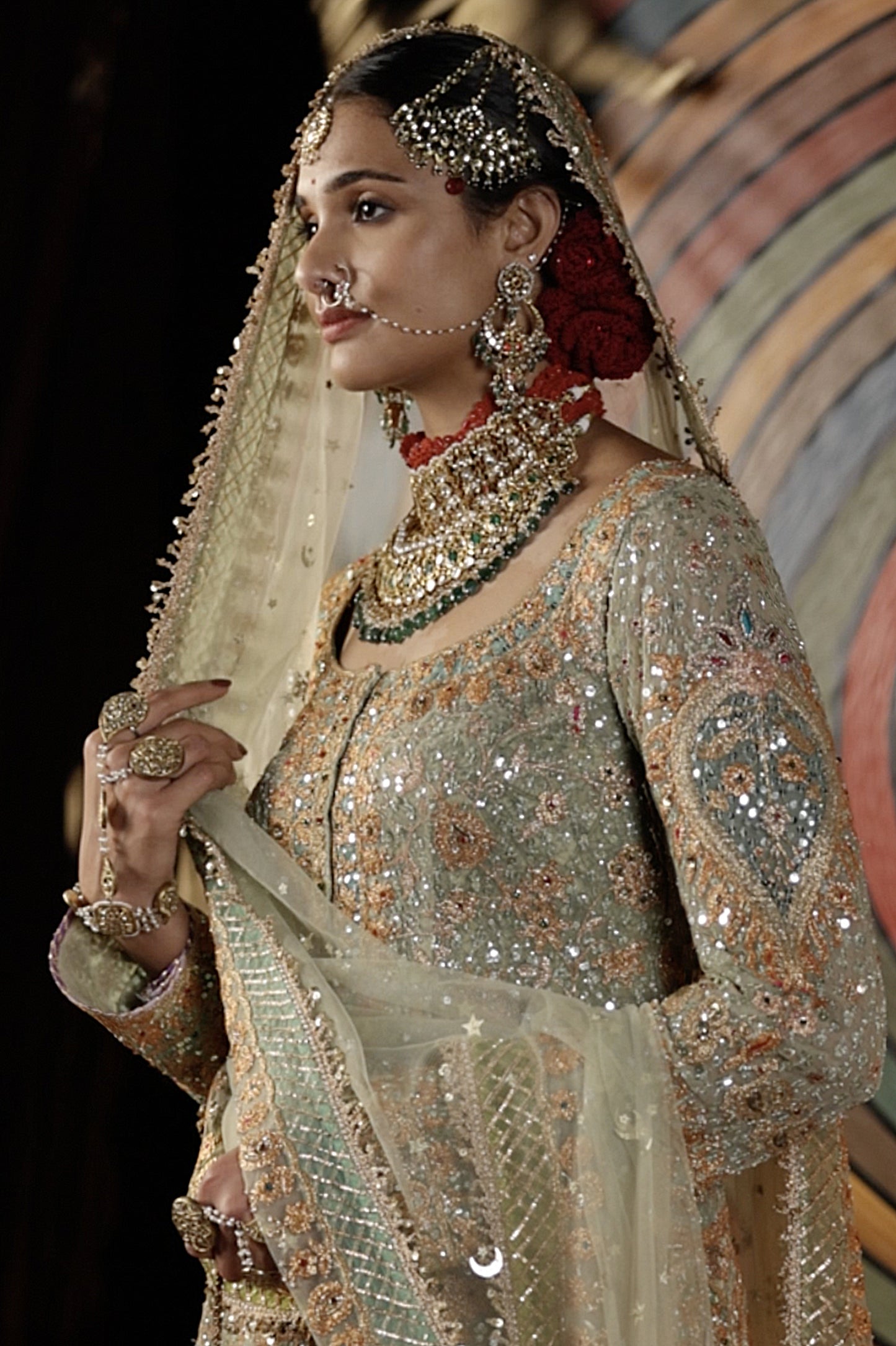 Pale Pistachio Blue Blended Silk Sharara Set