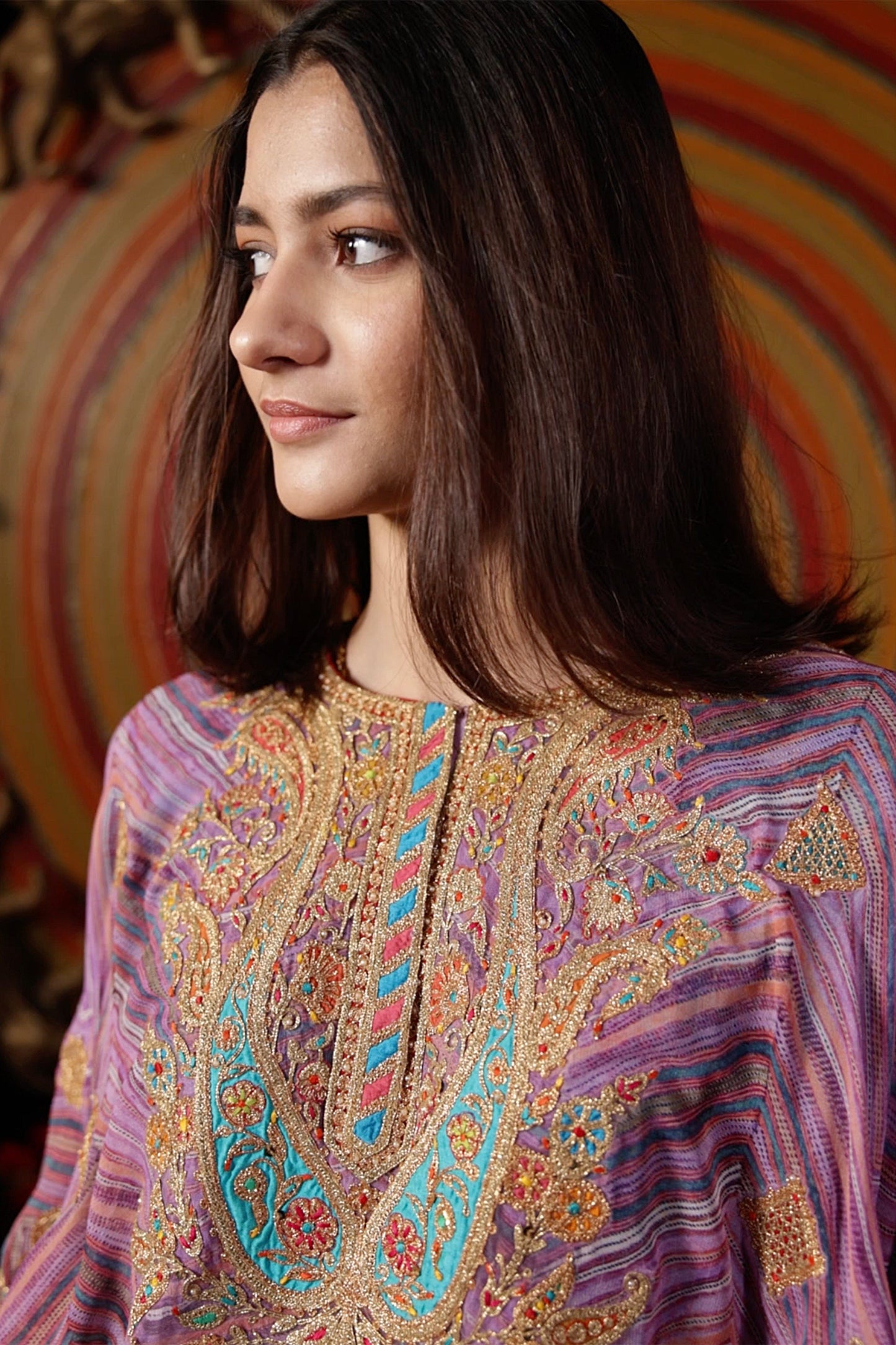 Lilac & Turquoise Bandhej Capelet-Kurti Set
