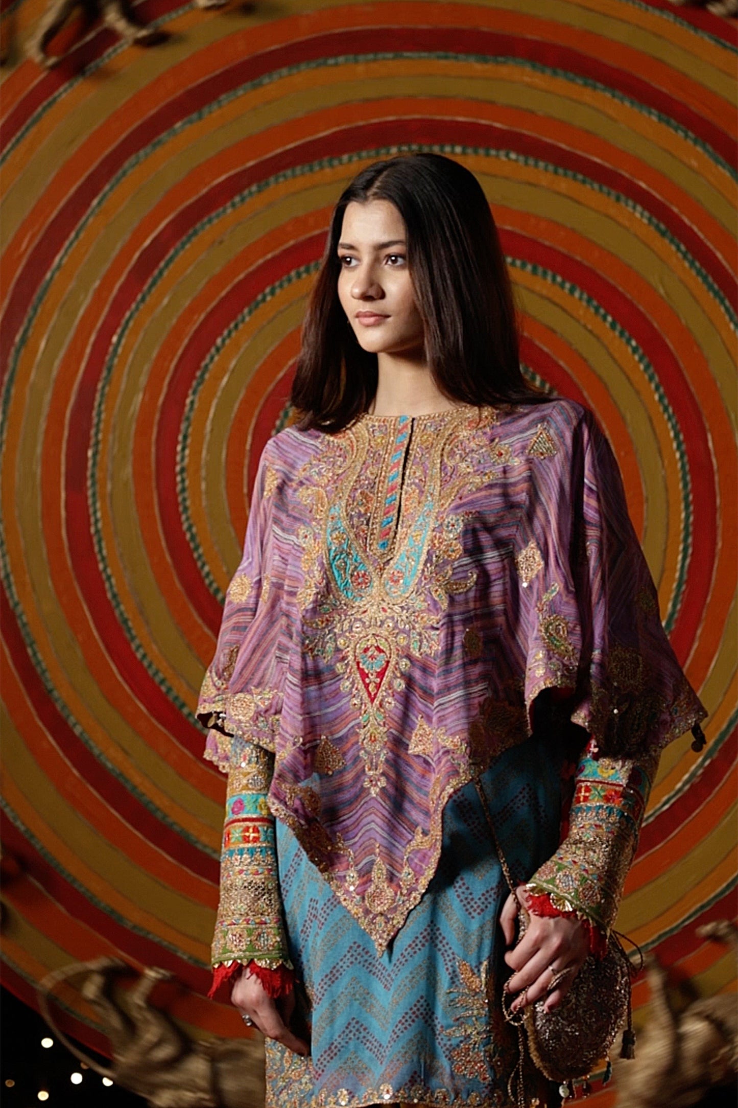 Lilac & Turquoise Bandhej Capelet-Kurti Set
