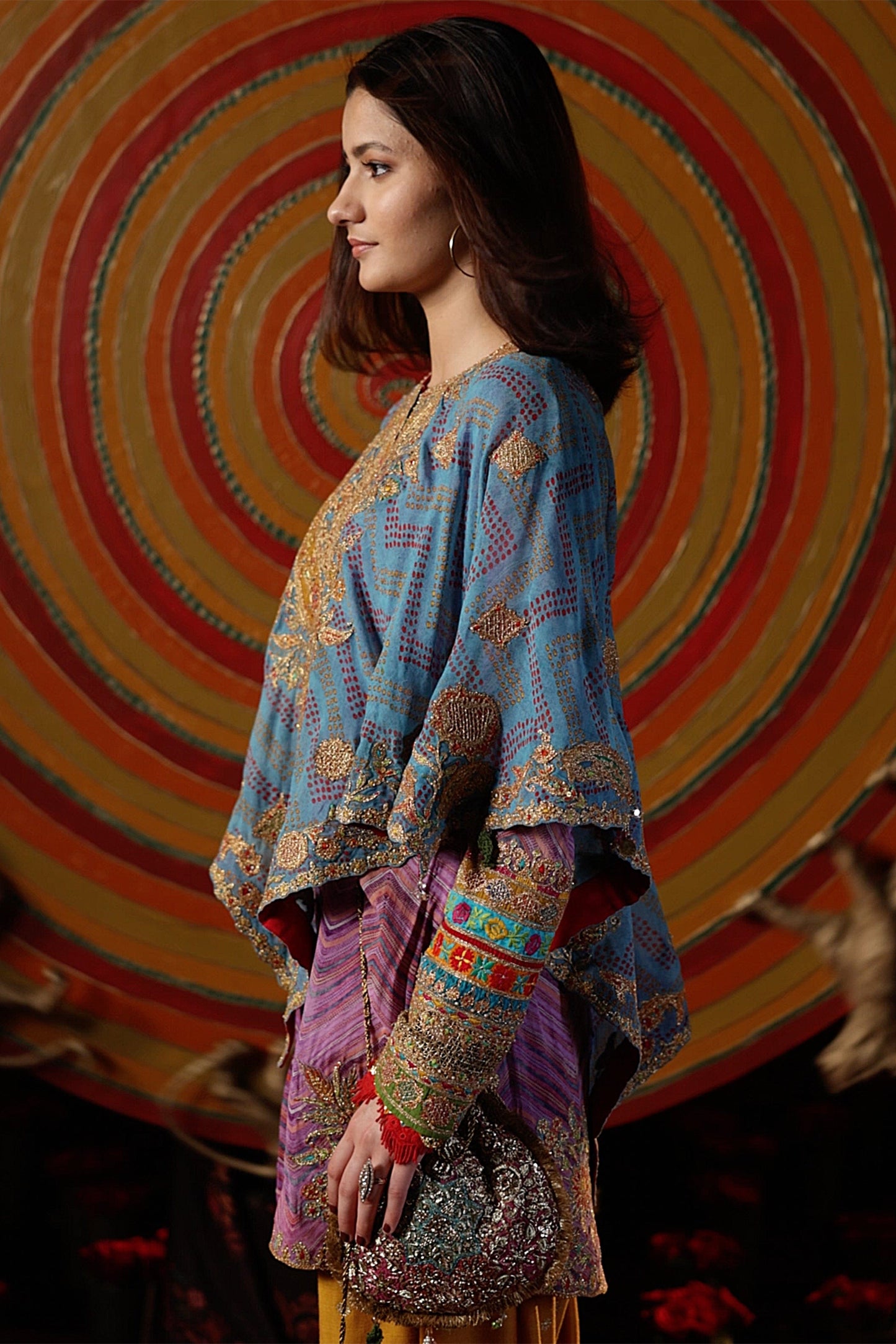 Turquoise & Lilac Bandhej Capelet-Kurti Set