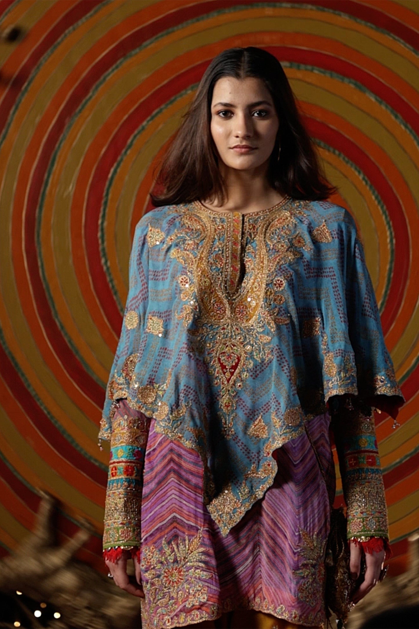 Turquoise & Lilac Bandhej Capelet-Kurti Set