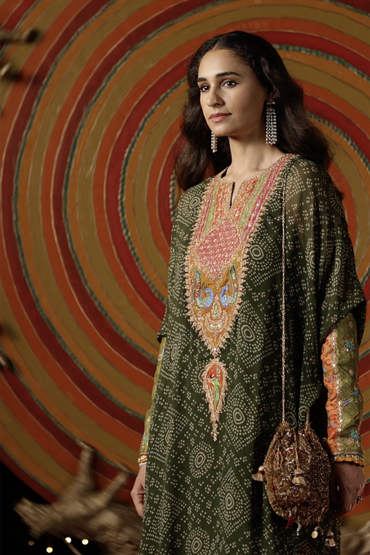 Deep Green Bandhej Kaftan Set