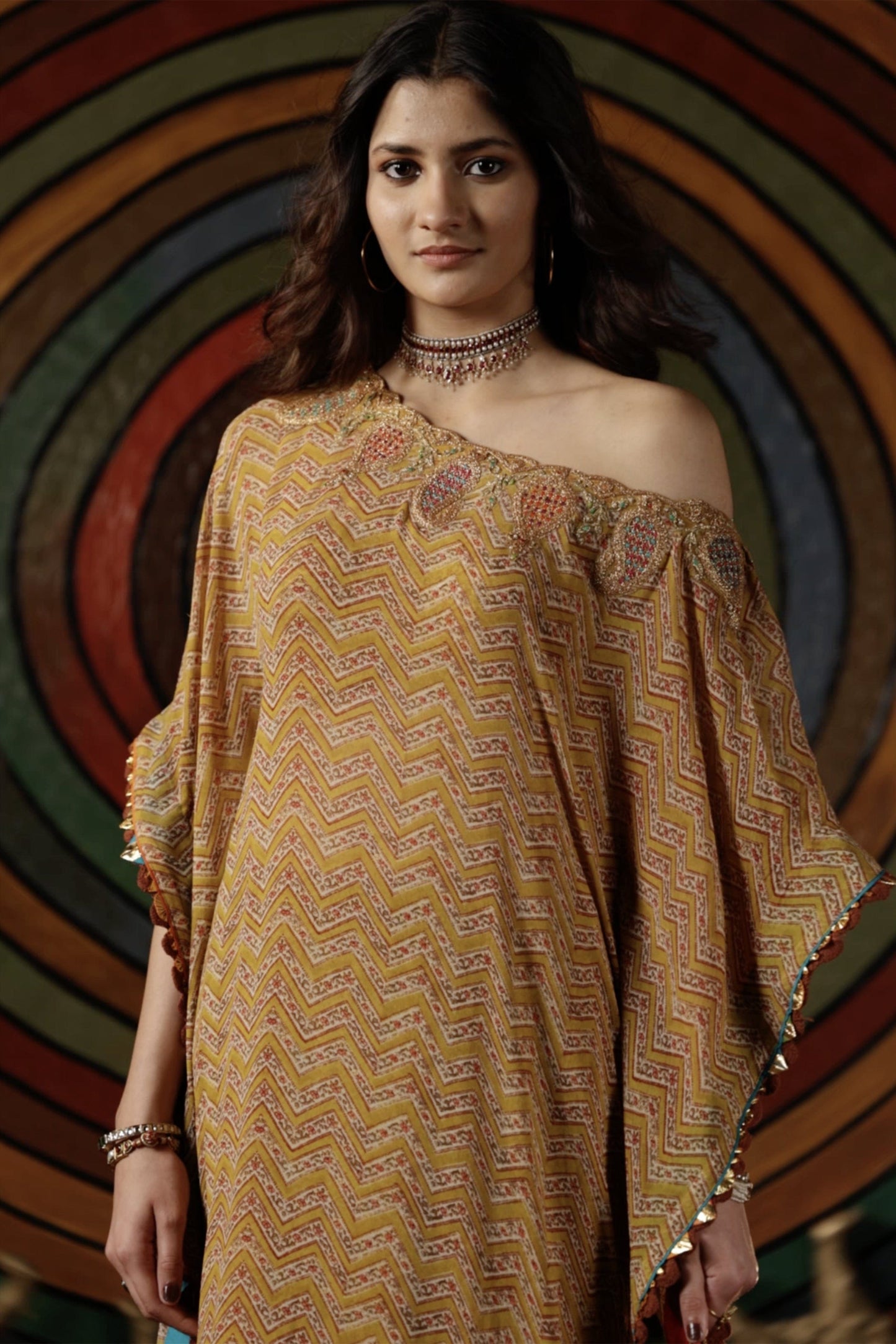 Mustard Leheriya Kaftan & Sharara Set