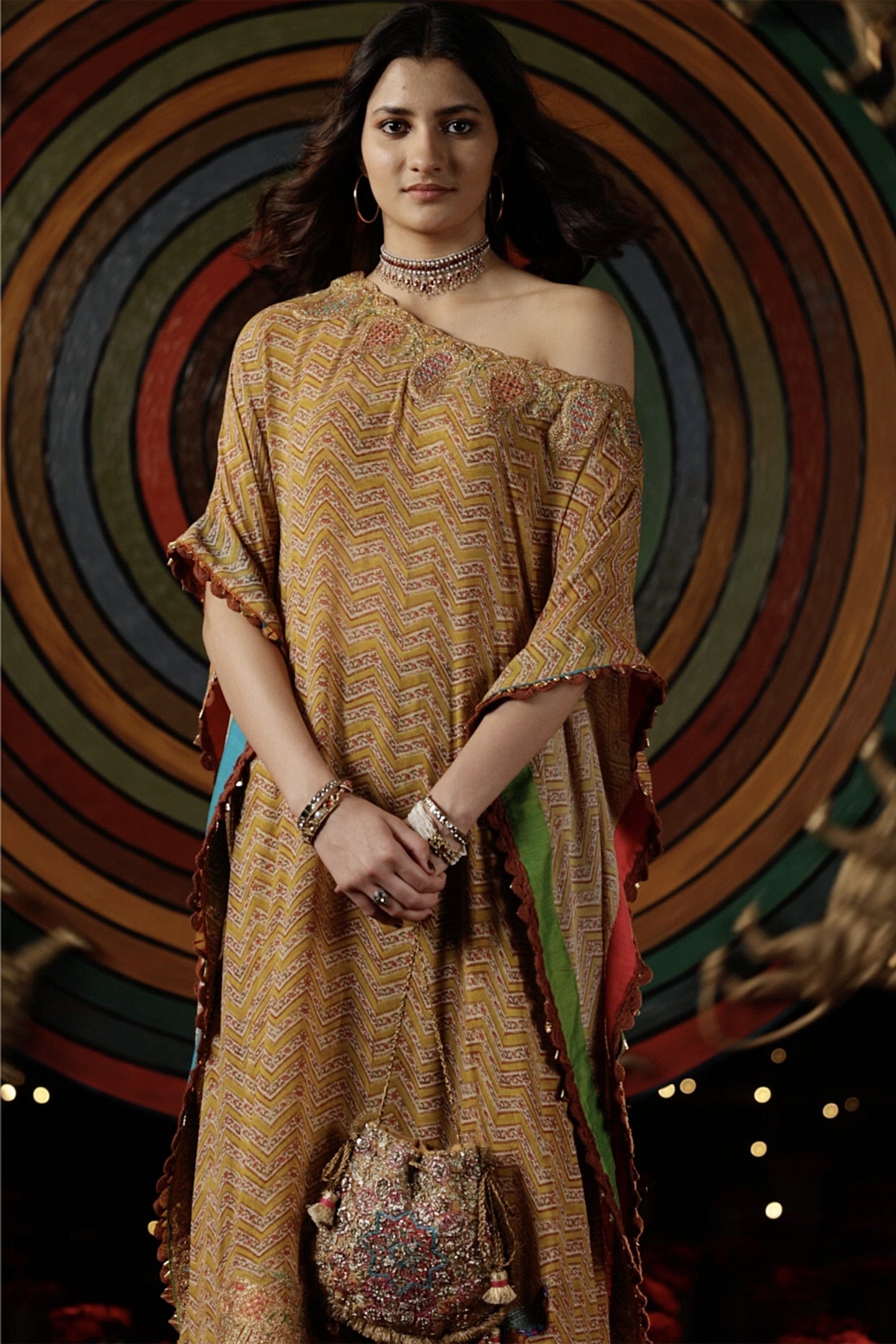 Mustard Leheriya Kaftan & Sharara Set