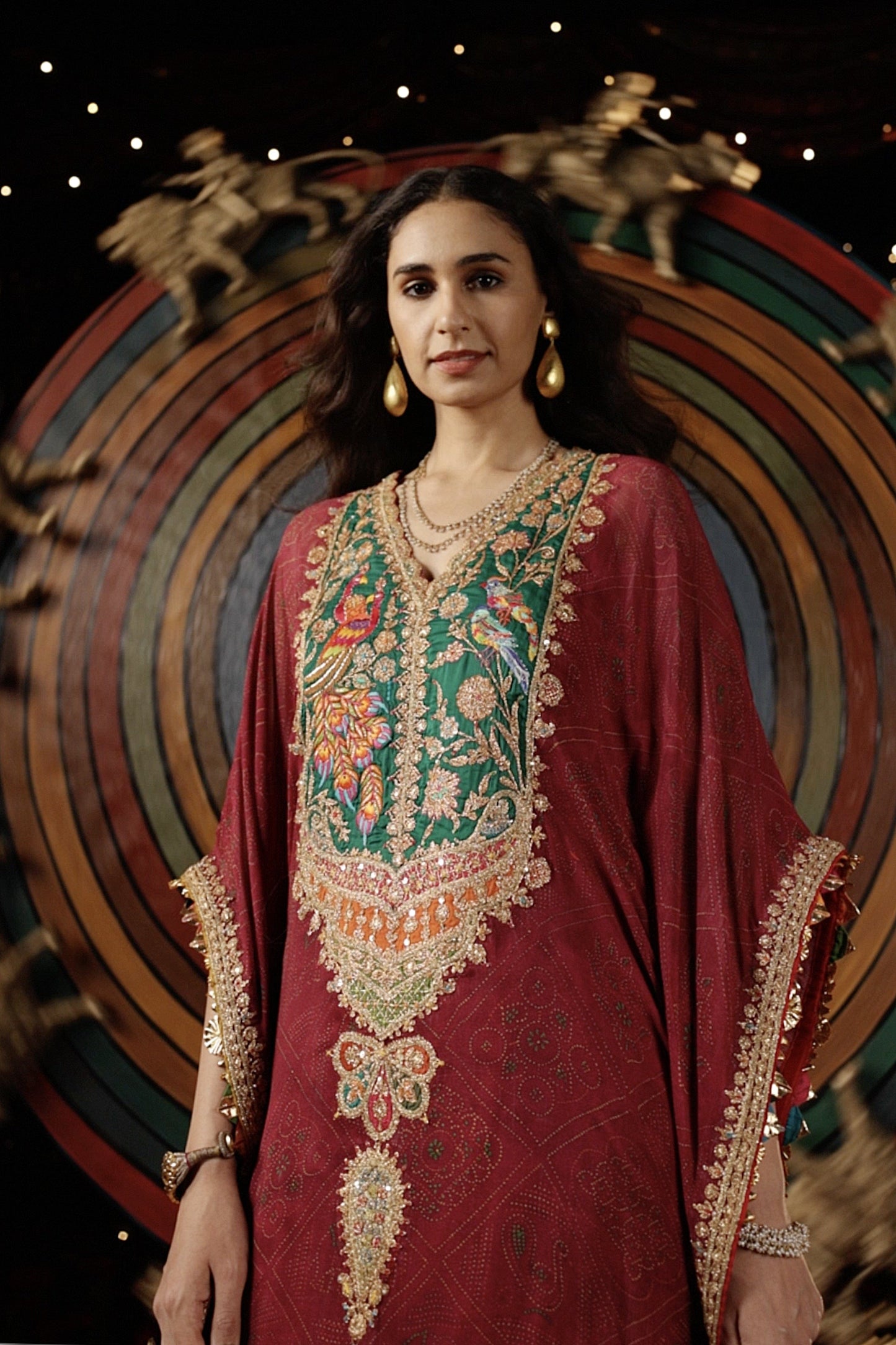 Deep Ruby Bandhej Kaftan Set