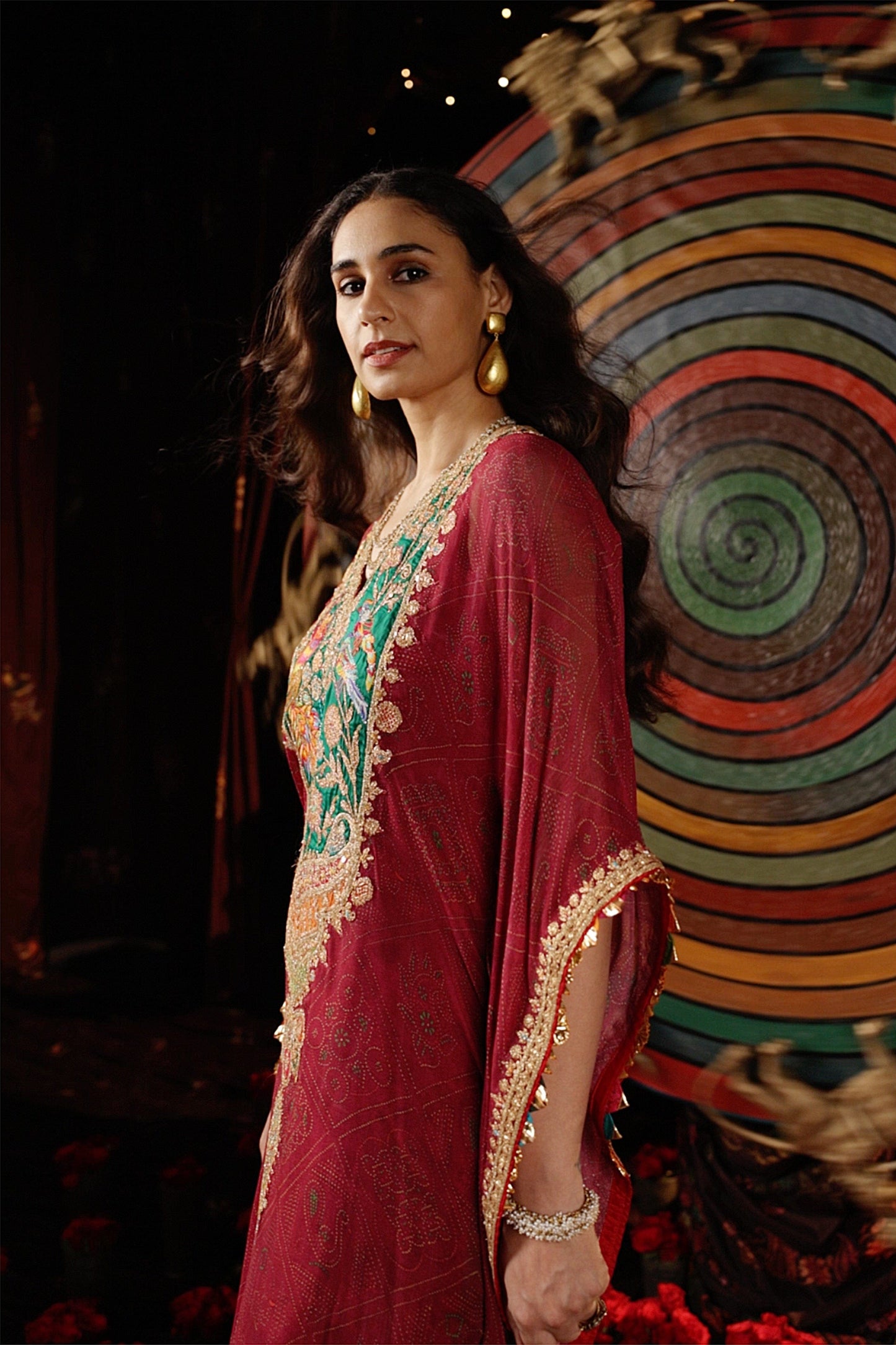 Deep Ruby Bandhej Kaftan Set