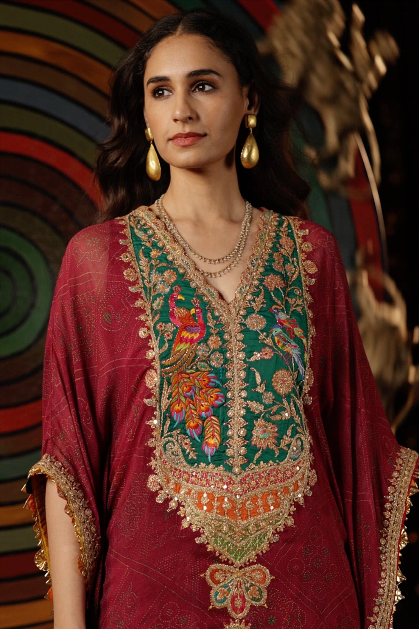 Deep Ruby Bandhej Kaftan Set