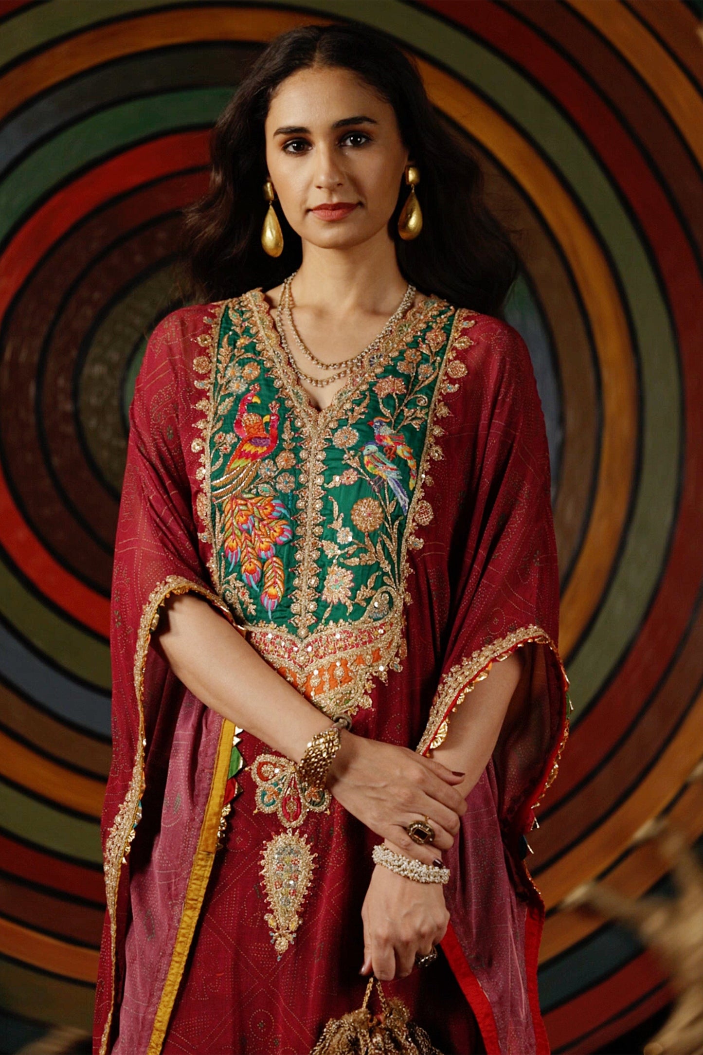 Deep Ruby Bandhej Kaftan Set