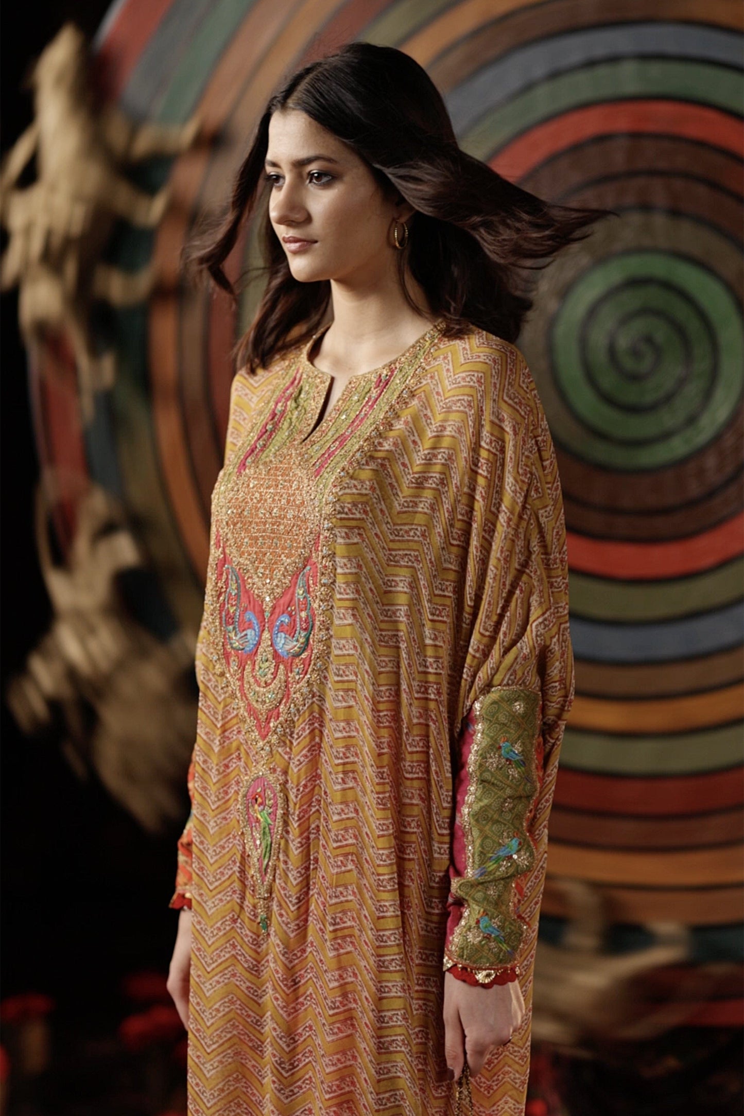Mustard Bandhej Kaftan Set
