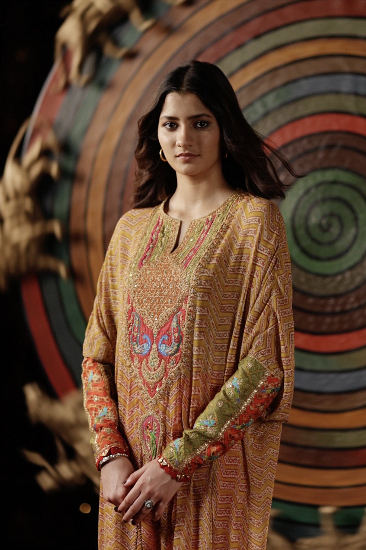 Mustard Bandhej Kaftan Set