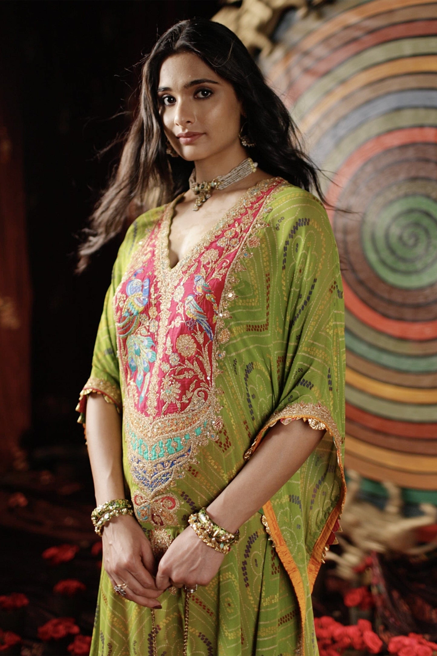 Green Bandhej Kaftan Set