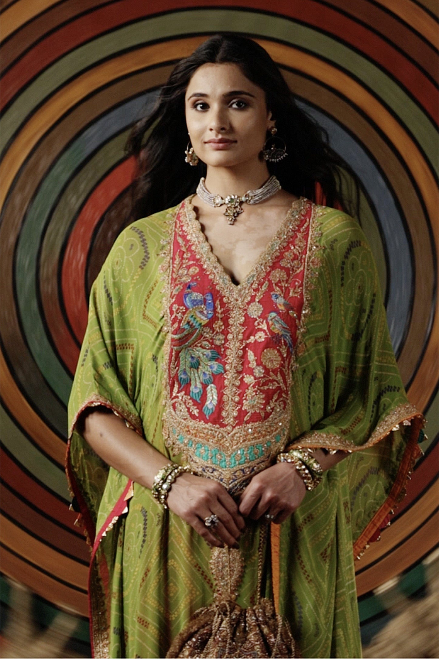 Green Bandhej Kaftan Set