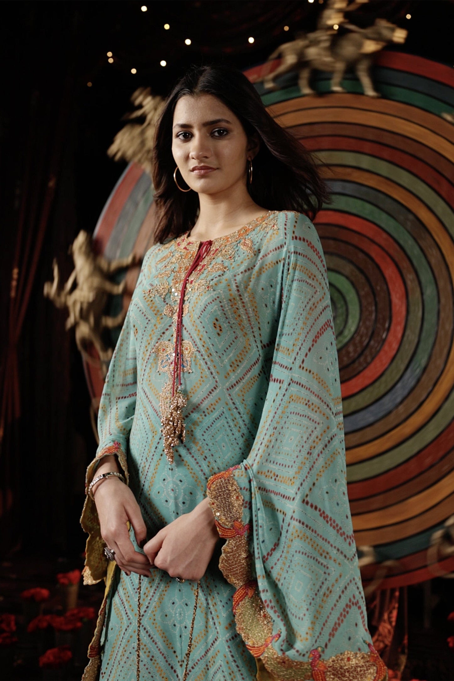Light Turqouise Bandhej Kaftan & Gharara Set