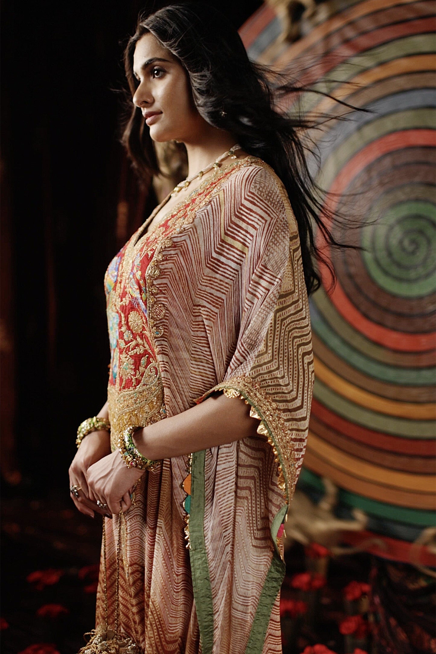 Beige Leheriya Kaftan Set