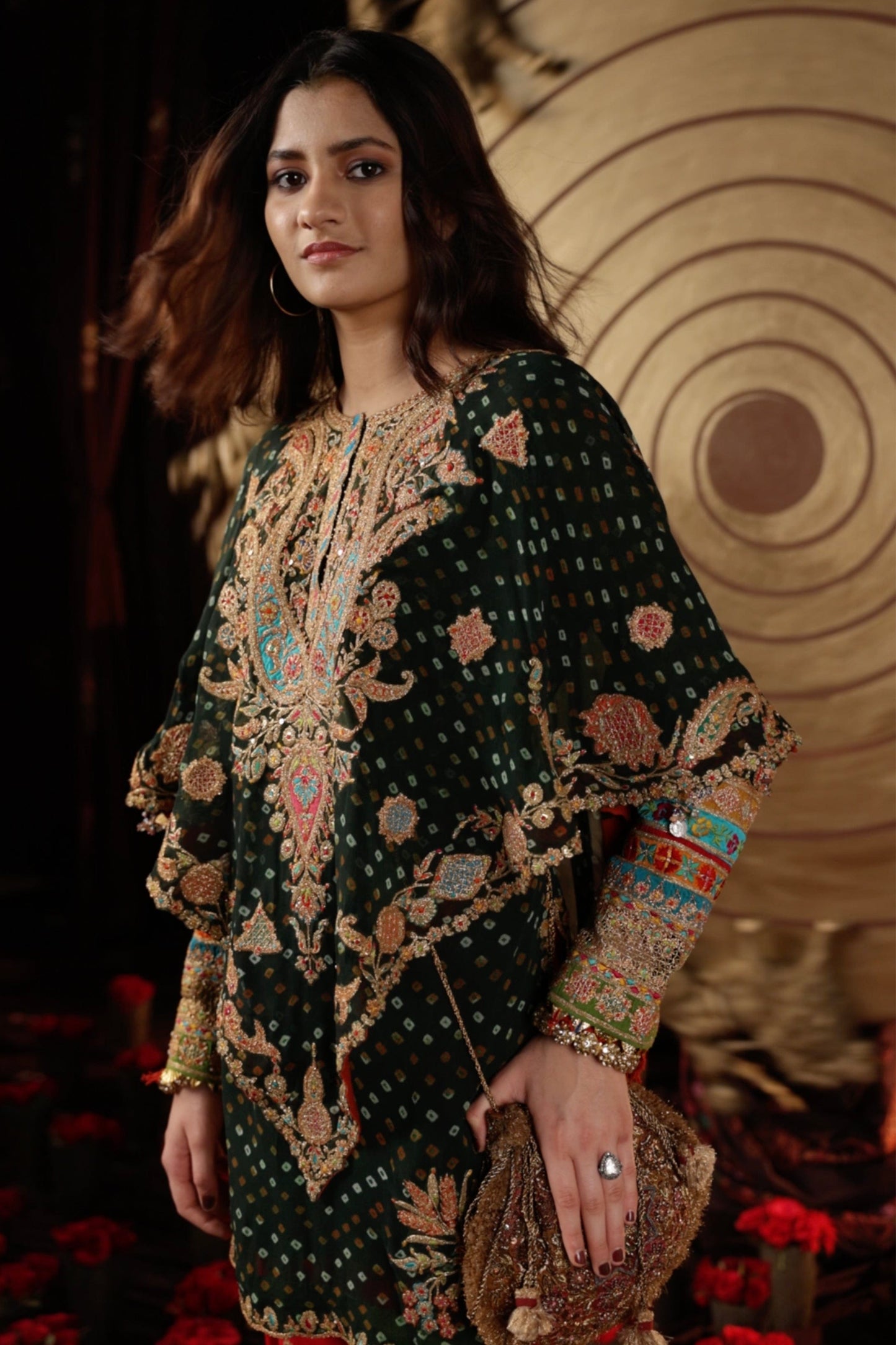 Deep Green Bandhej Kurti-Capelet Set