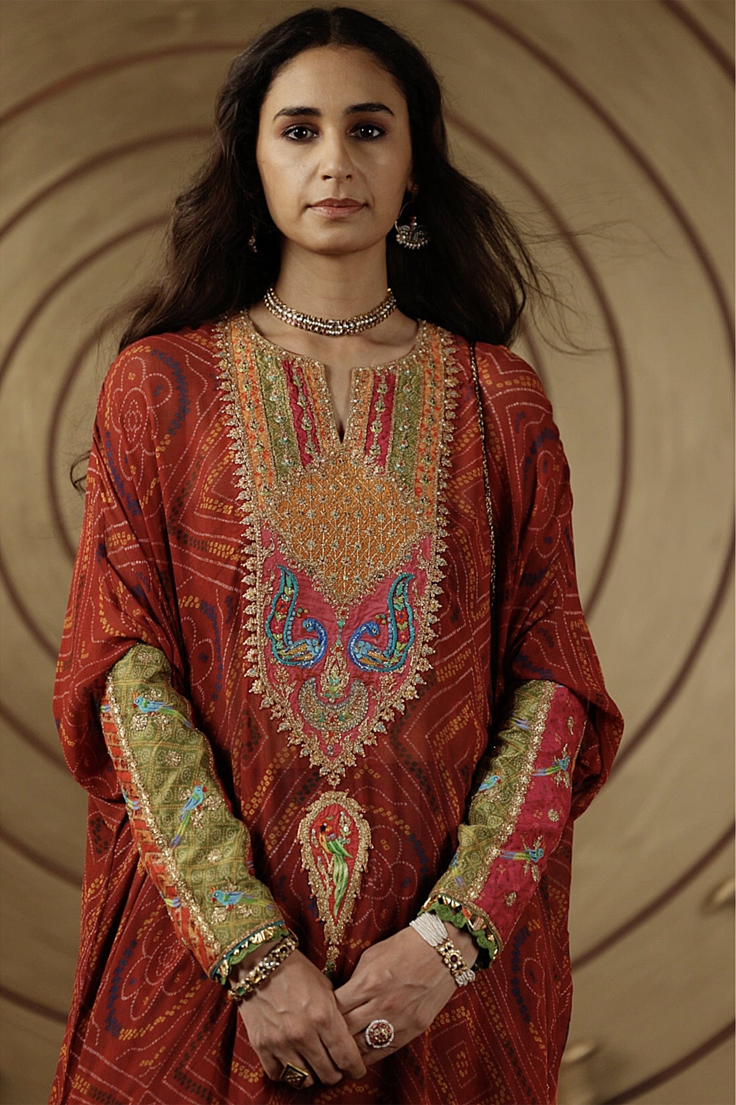 Maroon Bandhej Kaftan Set