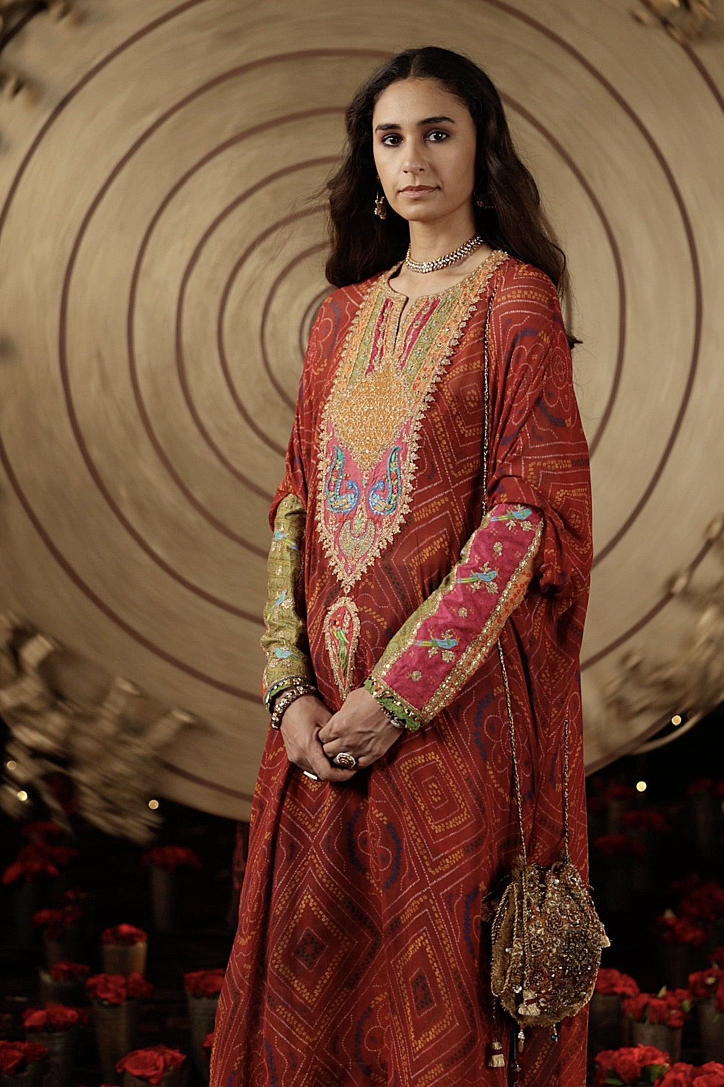 Maroon Bandhej Kaftan Set