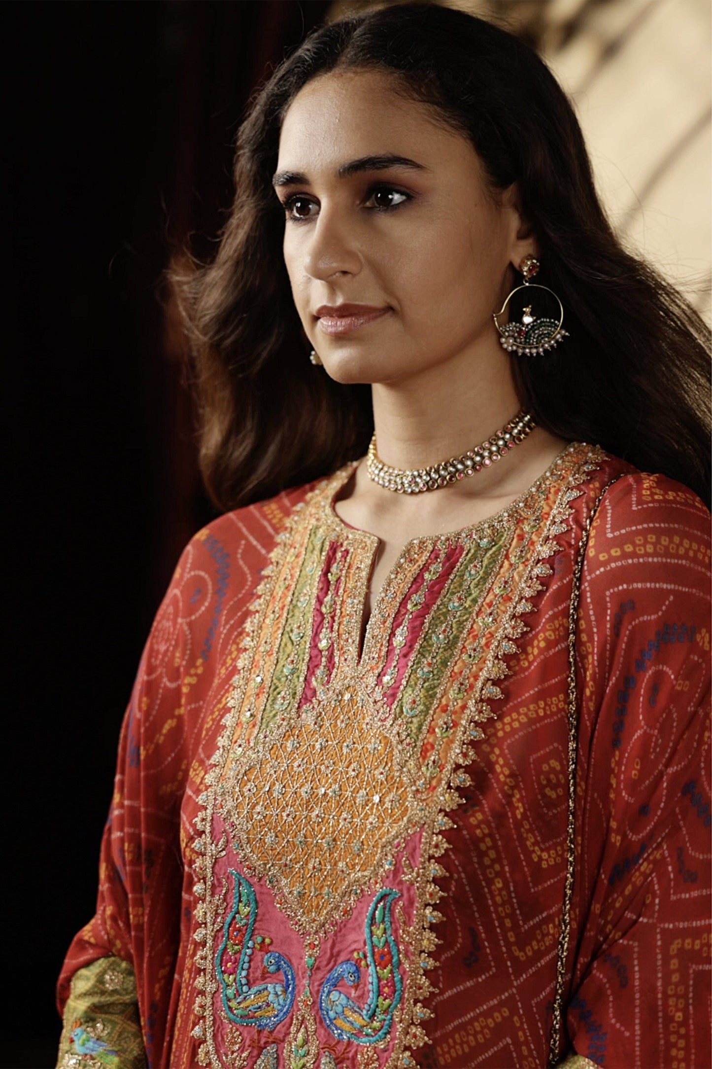 Maroon Bandhej Kaftan Set