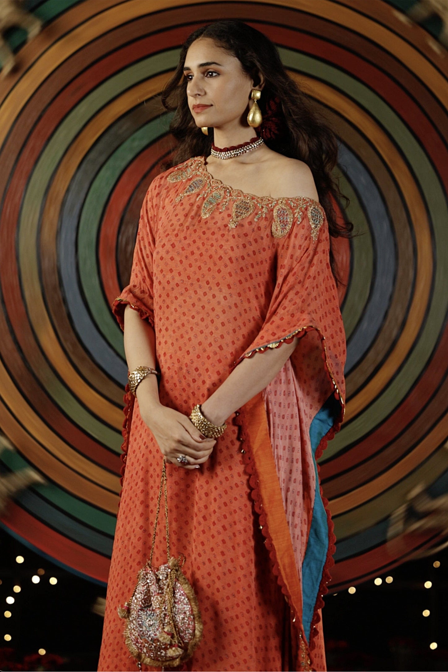 Coral Bandhej Kaftan & Sharara Set