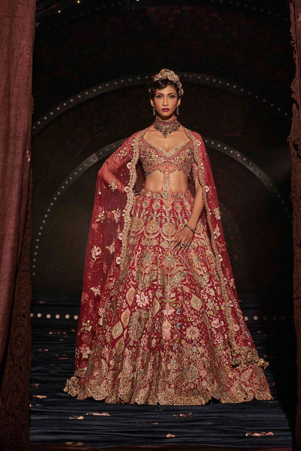 Deep Red Lehenga with Floral and Avian Motifs