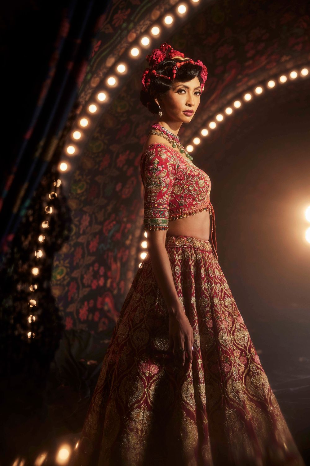 Rani Pink Lehenga with Floral and Avian Motifs
