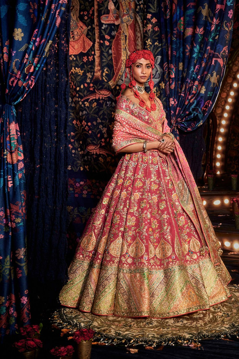 Rani Pink Lehenga with Floral and Paan-Patti Motifs