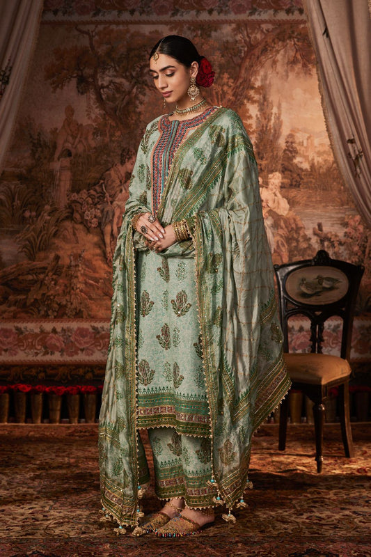 Light Green Block Printed and Embroidered Kurta Set