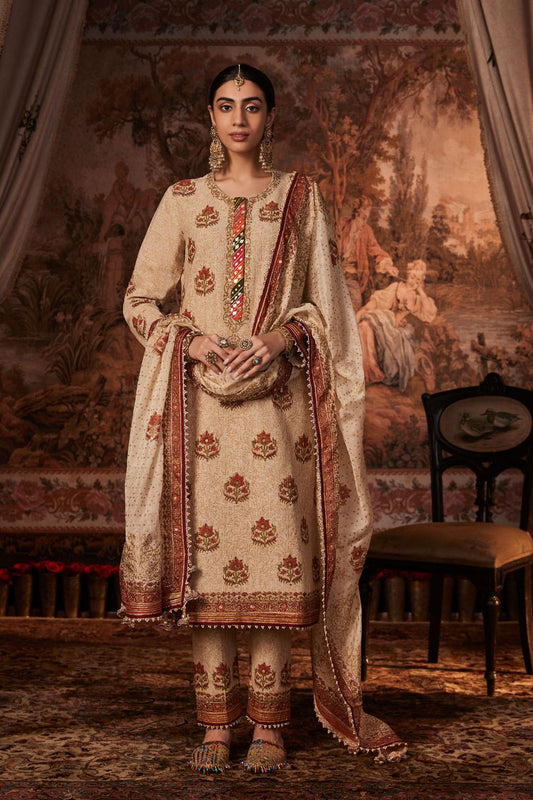 Beige Block Printed and Embroidered Kurta Set