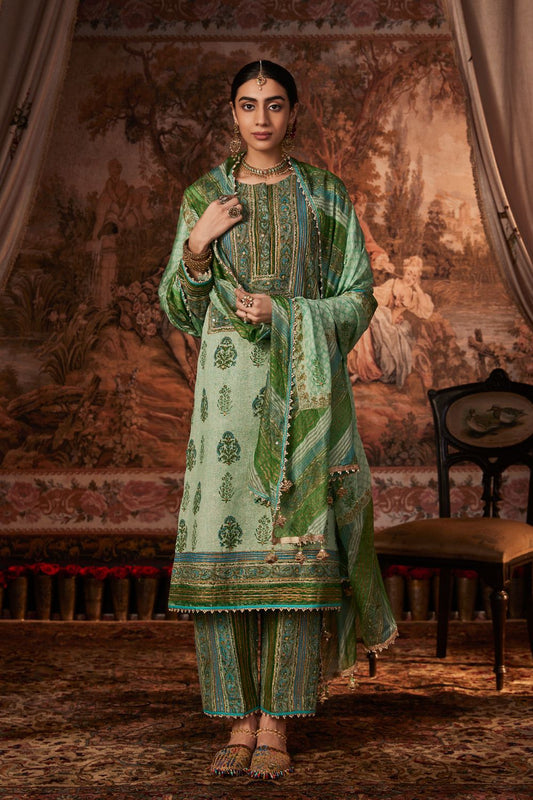 Green Block Printed and Embroidered Kurta Set