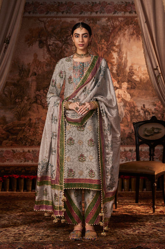 Grey Block Printed and Embroidered Kurta Set