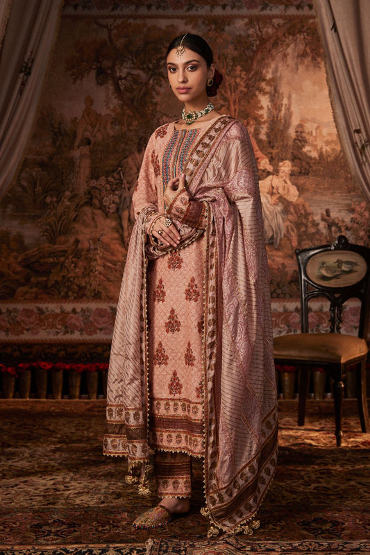 Peach Block Printed and Embroidered Kurta Set