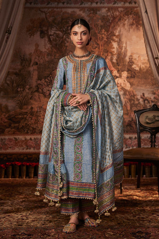 Blue Block Printed and Embroidered Kurta Set