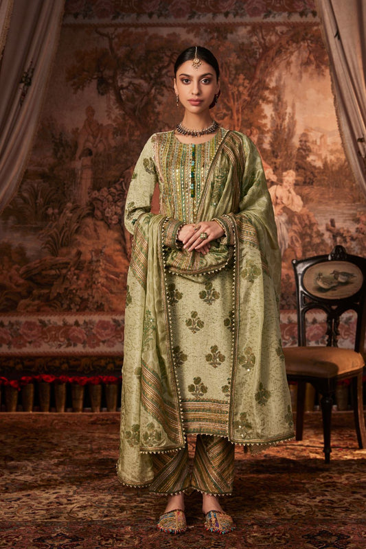 Pista Block Printed and Embroidered Kurta Set