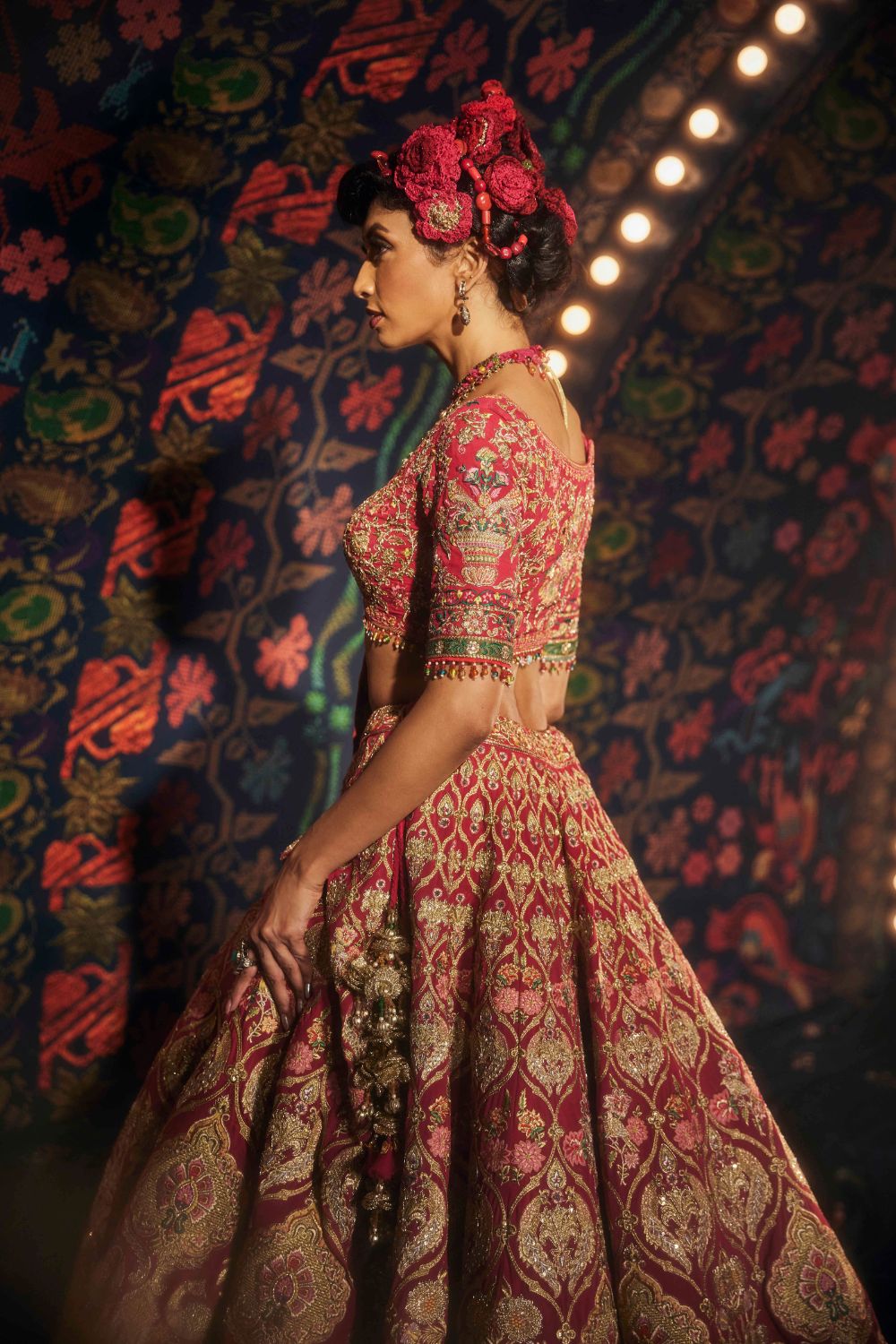 Rani Pink Lehenga with Floral and Avian Motifs