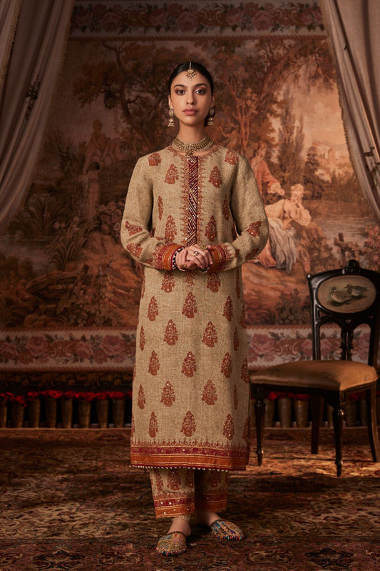 Beige Block Printed and Embroidered Kurta Set