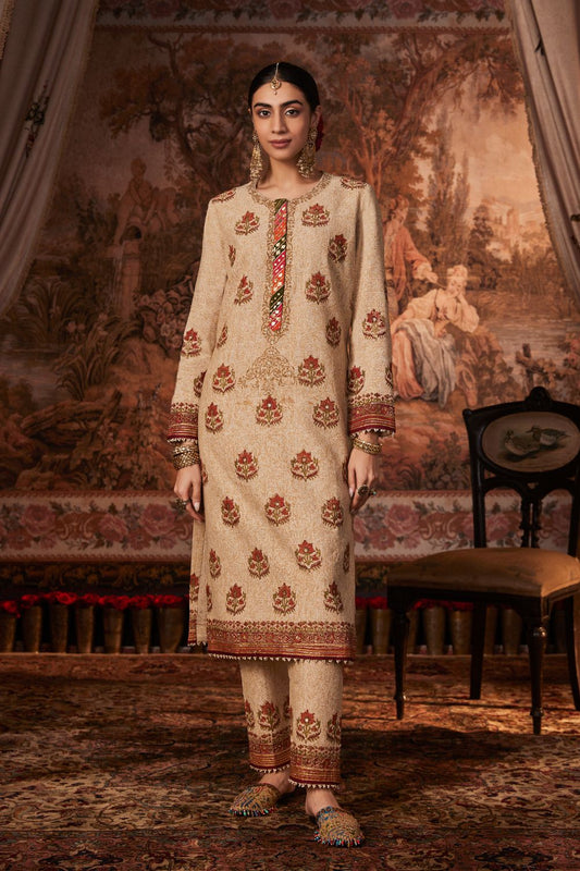 Beige Block Printed and Embroidered Kurta Set
