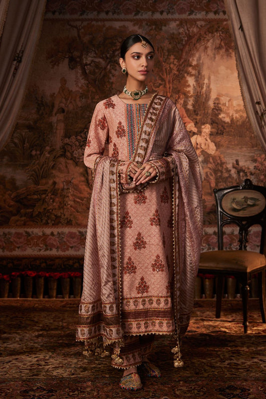 Peach Block Printed and Embroidered Kurta Set