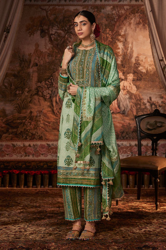 Green Block Printed and Embroidered Kurta Set