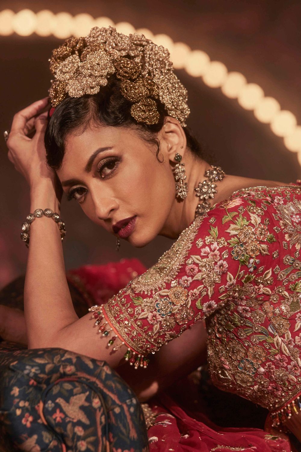 Deep Red Lehenga with Floral and Avian Motifs