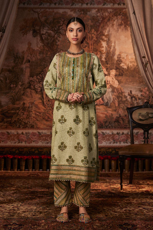Pista Block Printed and Embroidered Kurta Set
