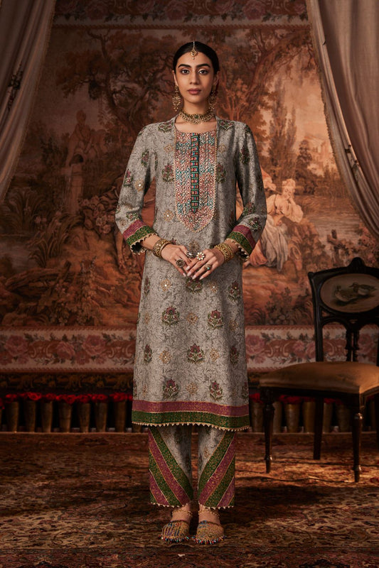 Grey Block Printed and Embroidered Kurta Set