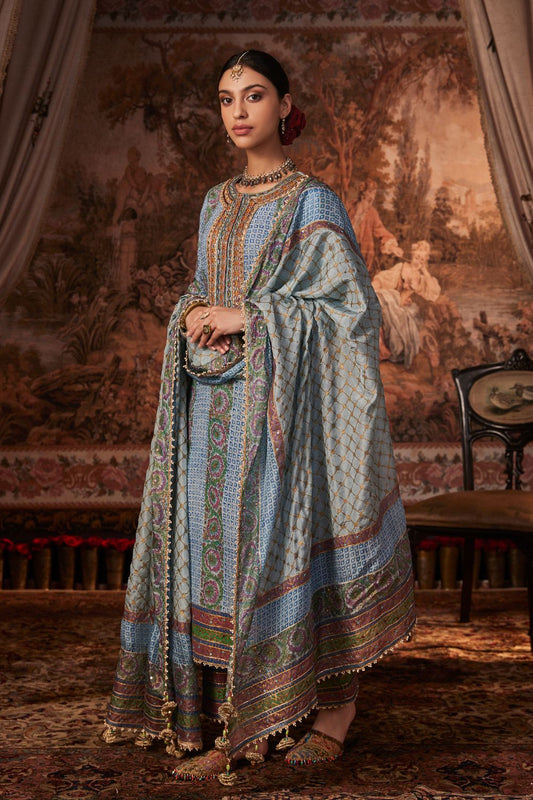 Blue Block Printed and Embroidered Kurta Set