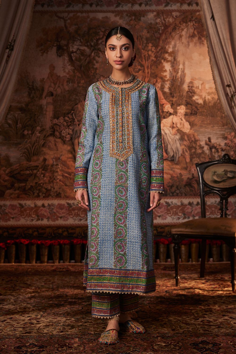 Blue Block Printed and Embroidered Kurta Set