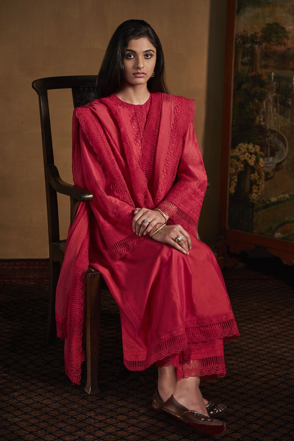 Poppy Red Kurta  and pants Set