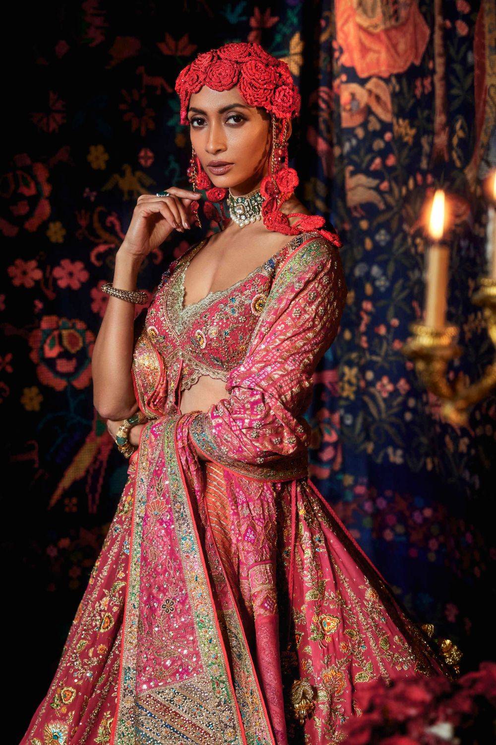 Rani Pink Lehenga with Floral and Paan-Patti Motifs